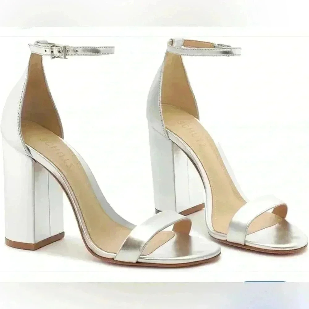 Schutz Cadey Lee Block Metallic Silver Leather Wedding  sandals size 9.5 New